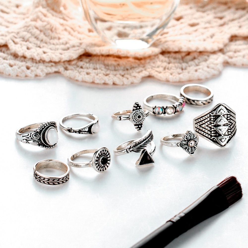 2/$20! Set of 10 Silver & Gem Boho Midi Rings - Picture 2 of 8